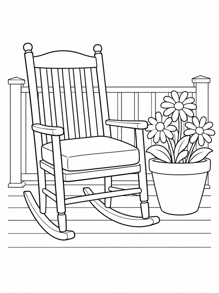A coloring illustration of a rocking chair, cushion and potted flowers on a porch